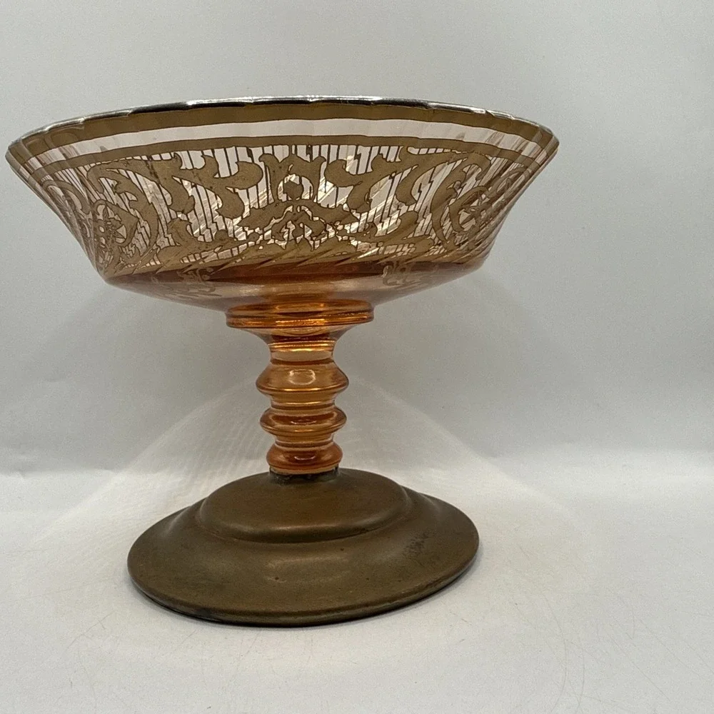 Vintage Fostoria Royal Style Amber Etched Glass Compote Or Candy Footed Bowl
